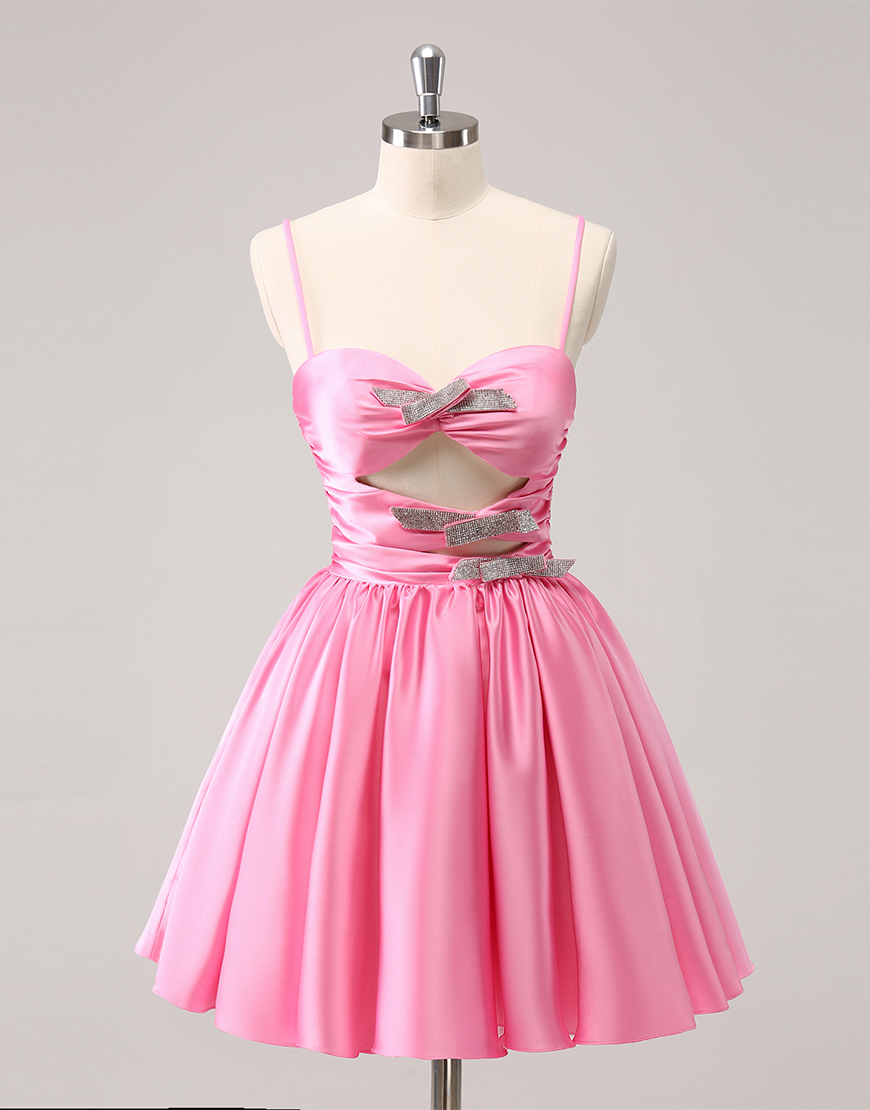 Glitter Pink A-Line Satin Spaghetti Straps Homecoming Dress with Beaded Bowknots