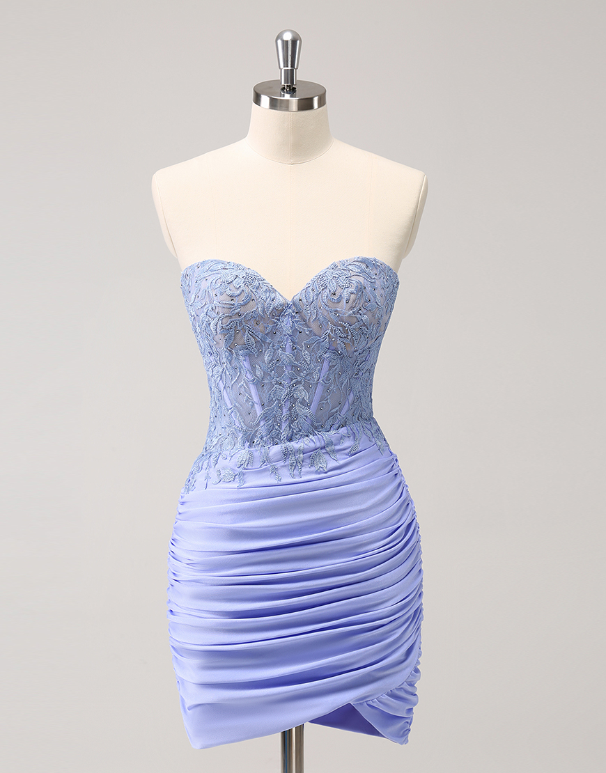 Sparkly Lilac Tight Beaded Strapless Homecoming Dress with Appliques