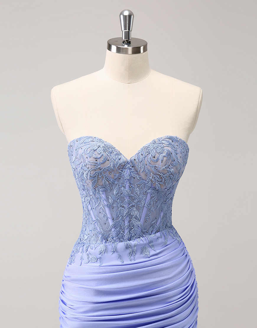 Sparkly Lilac Tight Beaded Strapless Homecoming Dress with Appliques