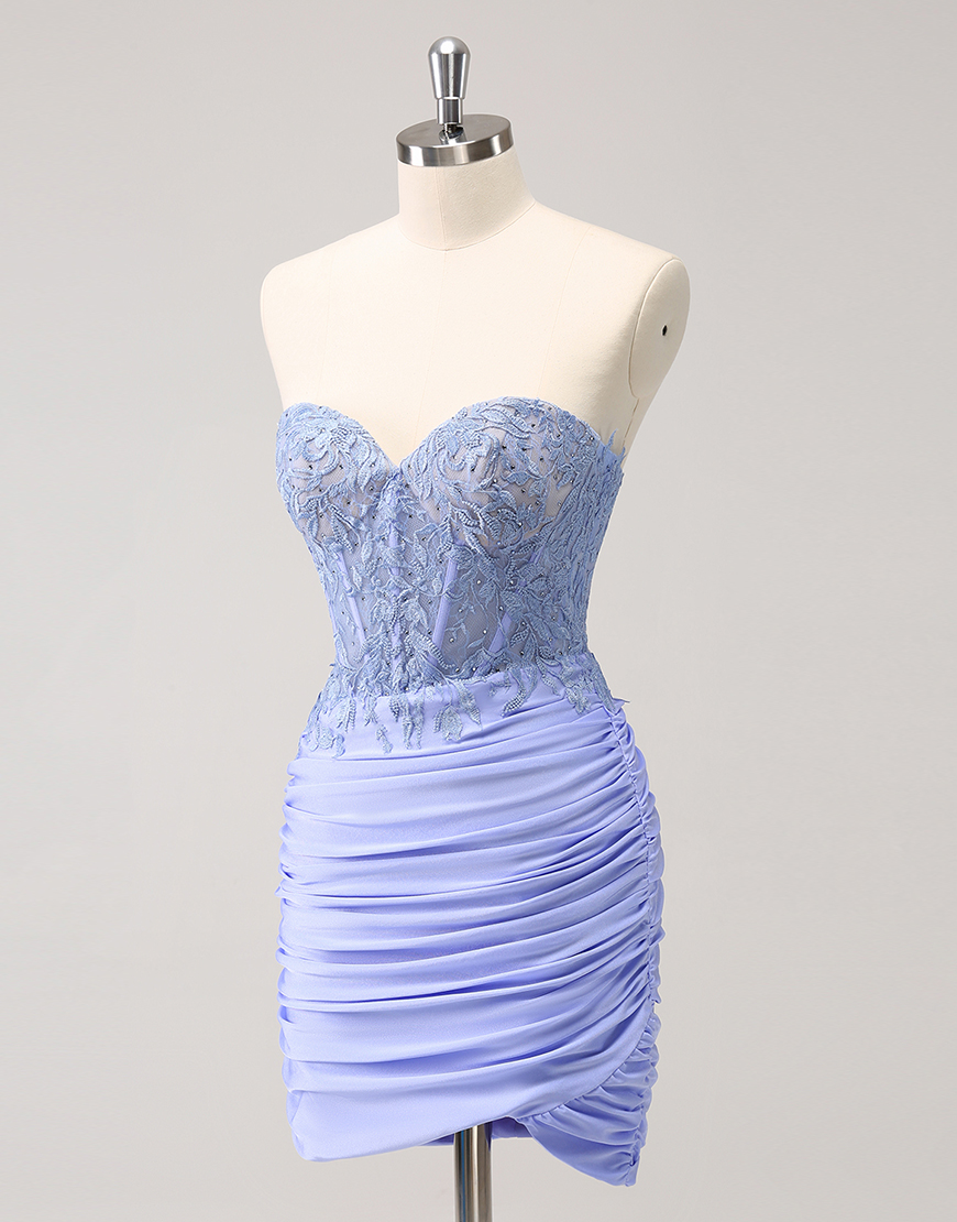 Sparkly Lilac Tight Beaded Strapless Homecoming Dress with Appliques