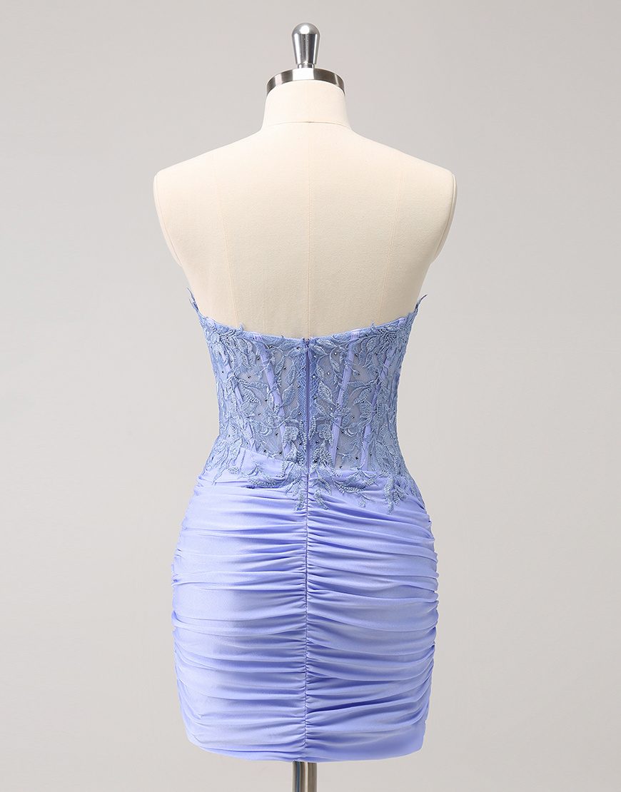 Sparkly Lilac Tight Beaded Strapless Homecoming Dress with Appliques