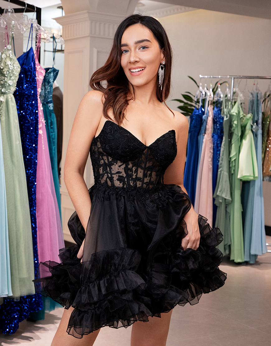 Sparkly Black A-Line Beaded Strapless Ruffled Homecoming Dress with Appliques