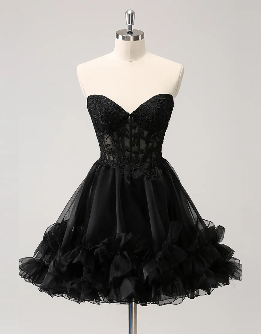 Sparkly Navy Beaded A-Line Strapless Ruffles Homecoming Dress