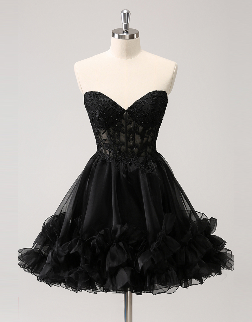 Sparkly Black A-Line Beaded Strapless Ruffled Homecoming Dress with Appliques