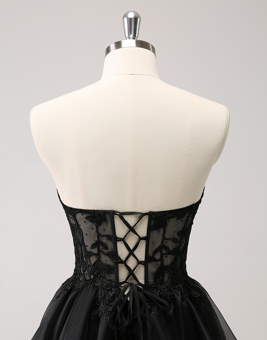 Sparkly Black A-Line Beaded Strapless Ruffled Homecoming Dress with Appliques