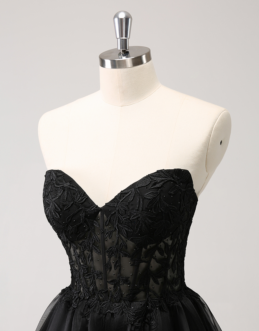 Sparkly Black A-Line Beaded Strapless Ruffled Homecoming Dress with Appliques