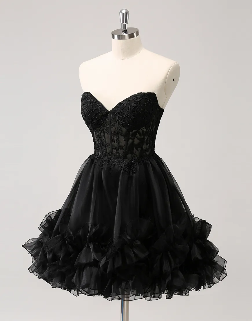 Sparkly Navy Beaded A-Line Strapless Ruffles Homecoming Dress