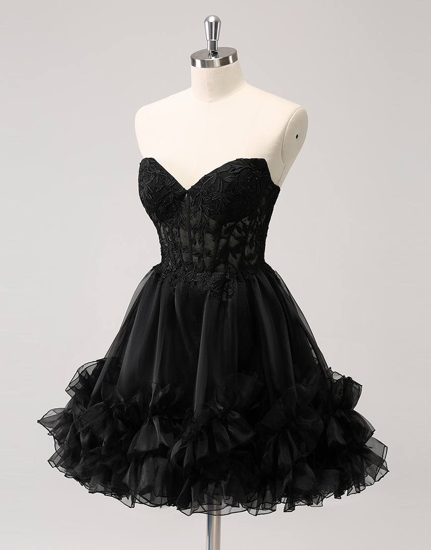 Sparkly Black A-Line Beaded Strapless Ruffled Homecoming Dress with Appliques