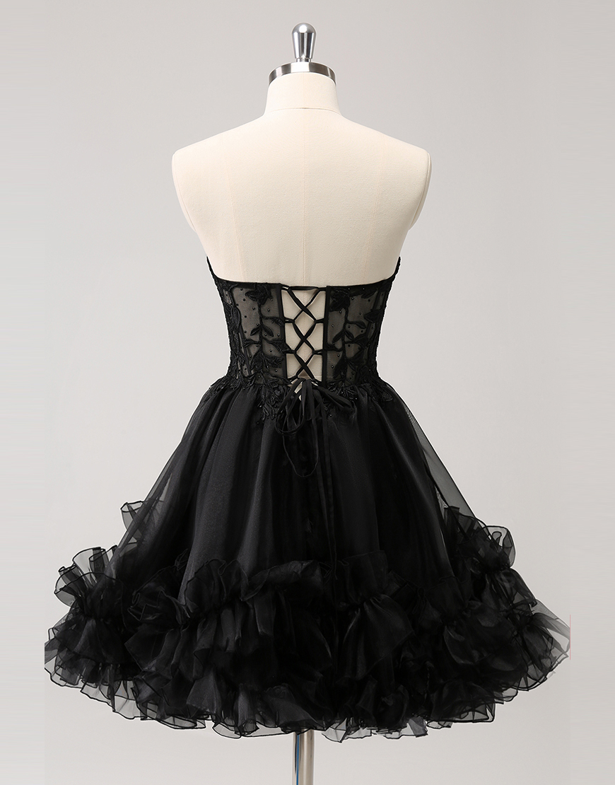 Sparkly Black A-Line Beaded Strapless Ruffled Homecoming Dress with Appliques