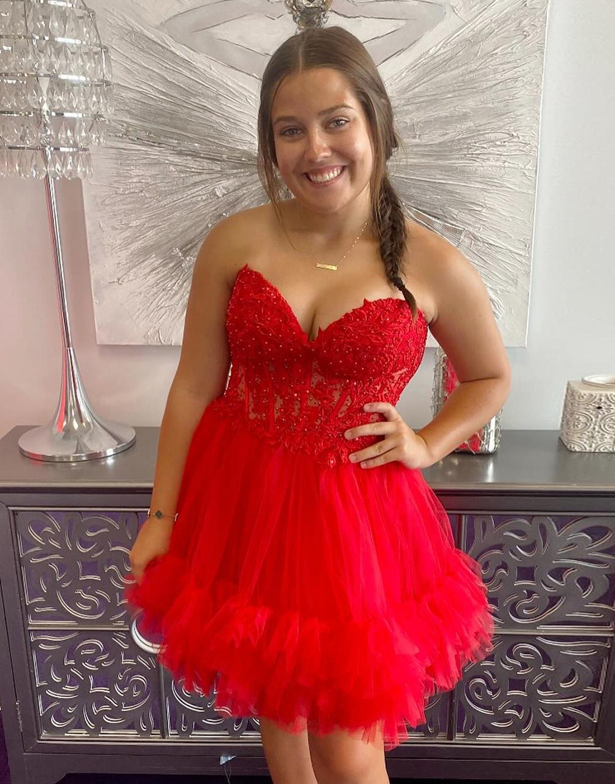 Sparkly Black A-Line Beaded Strapless Ruffled Homecoming Dress with Appliques