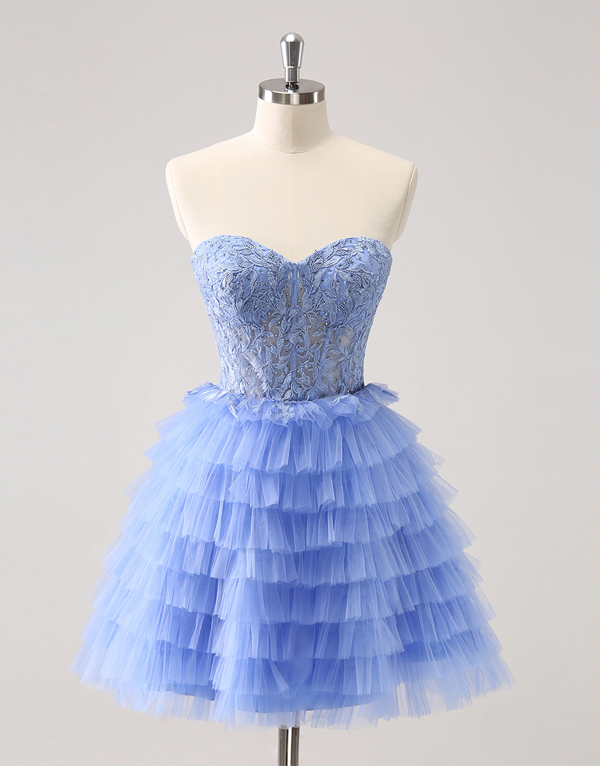 Glitter Lilac A-Line Strapless Tiered Beaded Appliques Homecoming Dress
