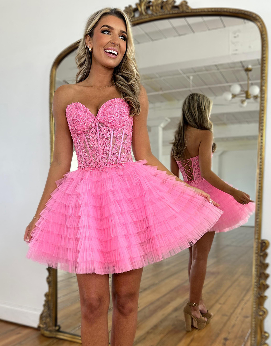 Glitter Lilac A-Line Strapless Tiered Beaded Appliques Homecoming Dress
