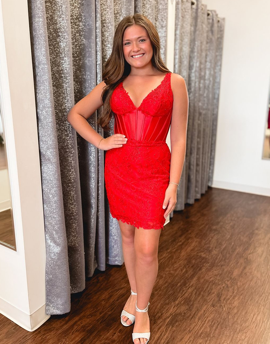 Sparkly Red Tight Beaded Lace V Neck Corset Homecoming Dress
