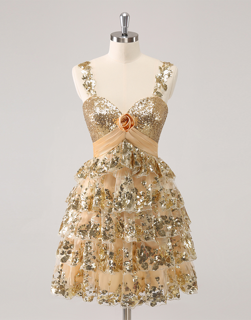 Glitter Blue A-Line Sequined Tiered Flower Homecoming Dress 