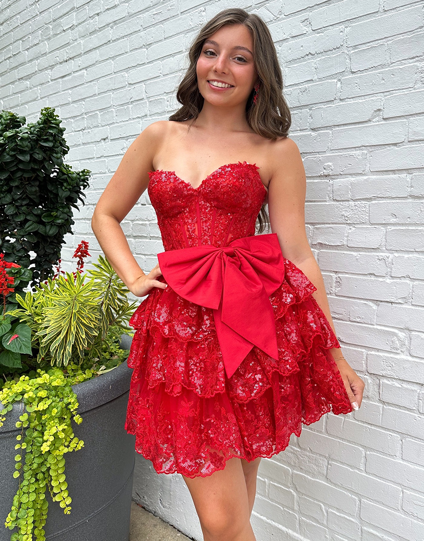 Sparkly Red A-Line Corset Tiered Strapless Homecoming Dress with Bow