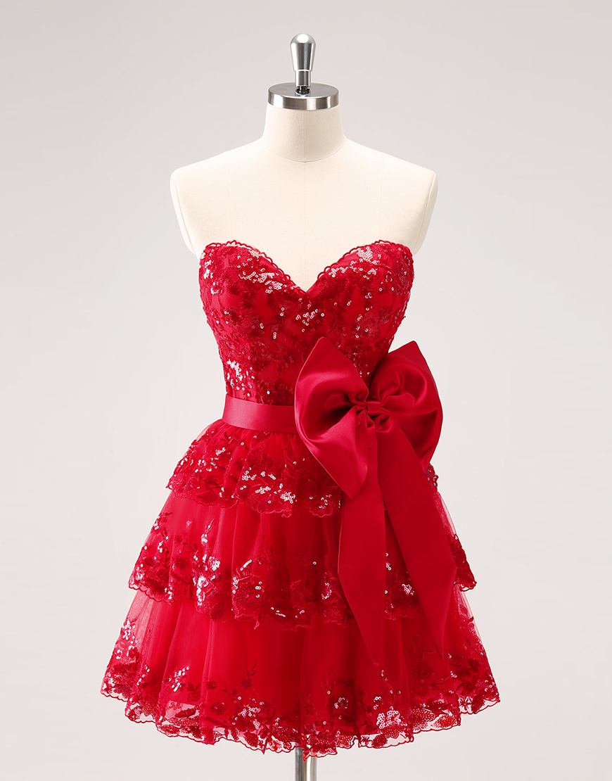 Sparkly Red A-Line Strapless Corset Tiered Homecoming Dress with Bow