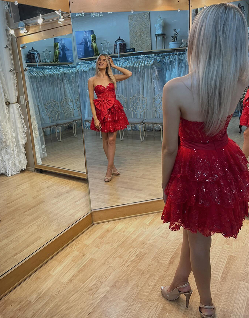 Glitter Red A-Line Strapless Corset Tiered Homecoming Dress with Bow