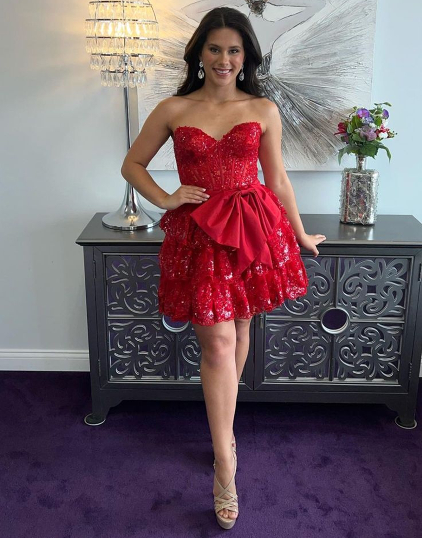 Sparkly Red A-Line Corset Strapless Tiered Homecoming Dress with Bow