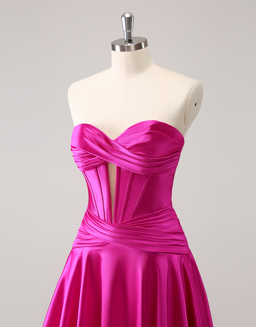 Fuchsia A-Line Strapless Satin Keyhole Homecoming Dress 