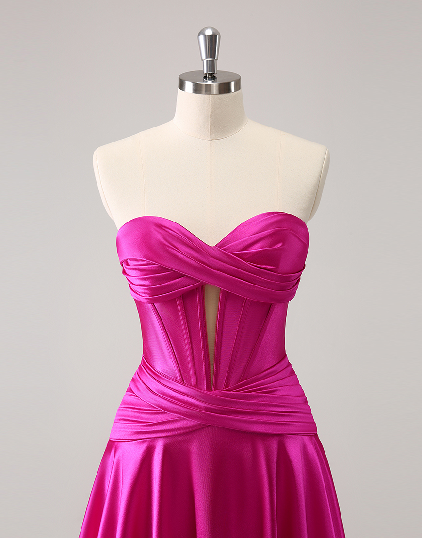 Fuchsia A-Line Strapless Satin Keyhole Homecoming Dress 