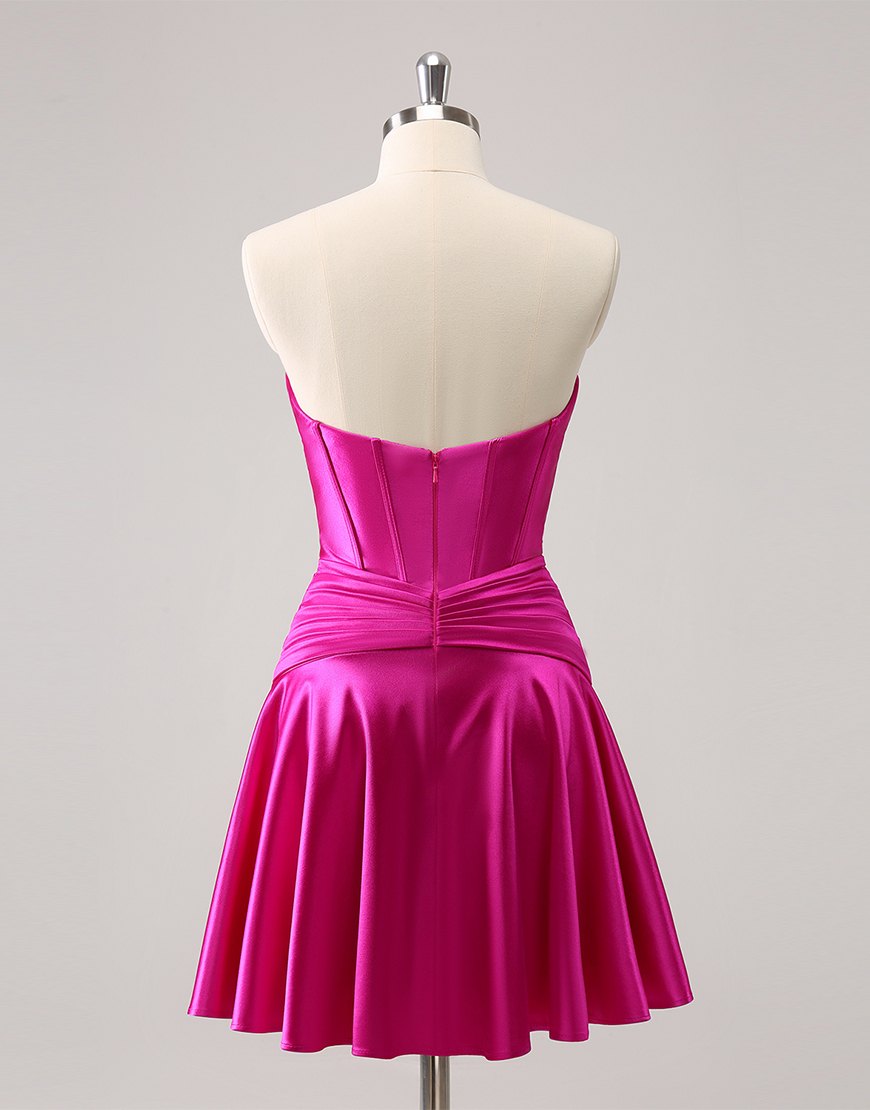 Fuchsia A-Line Strapless Satin Keyhole Homecoming Dress 