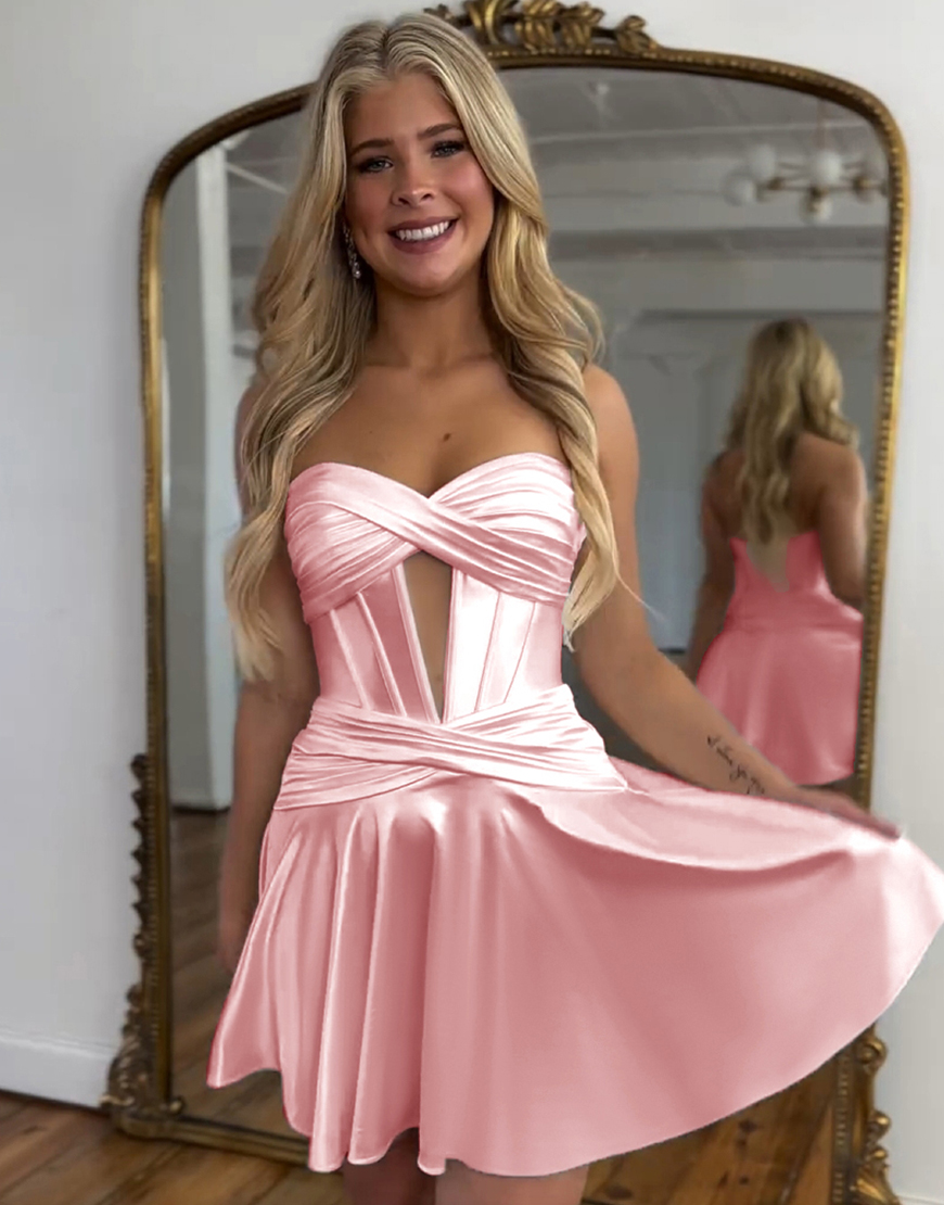 Fuchsia A-Line Strapless Satin Keyhole Homecoming Dress 