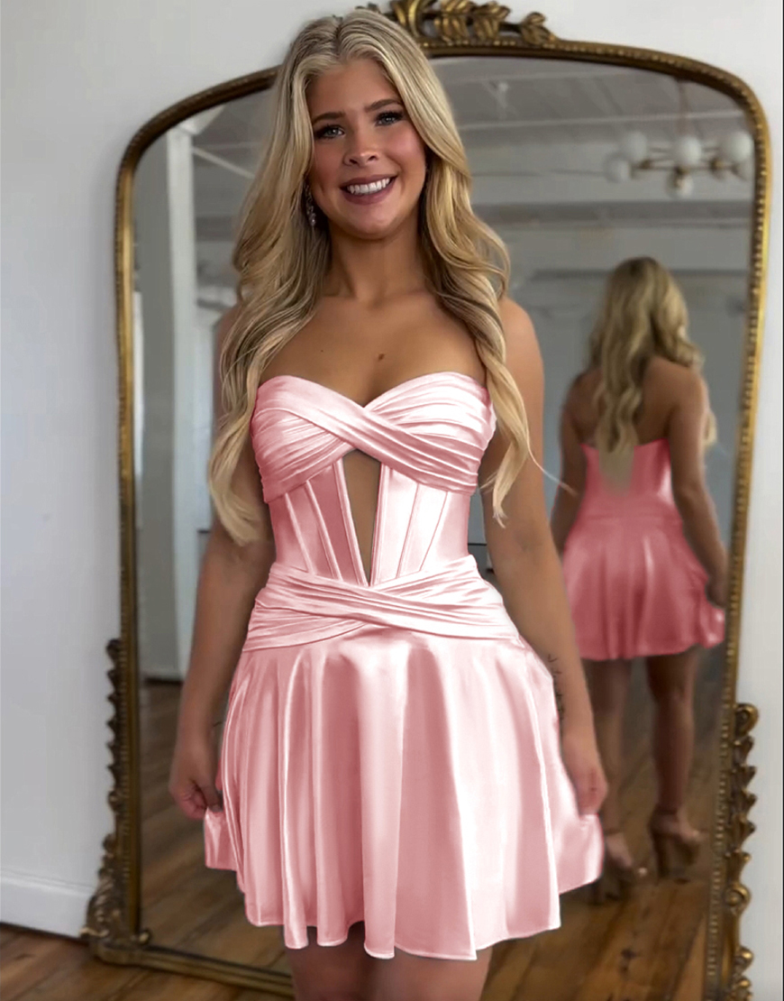 Fuchsia A-Line Strapless Satin Keyhole Homecoming Dress 