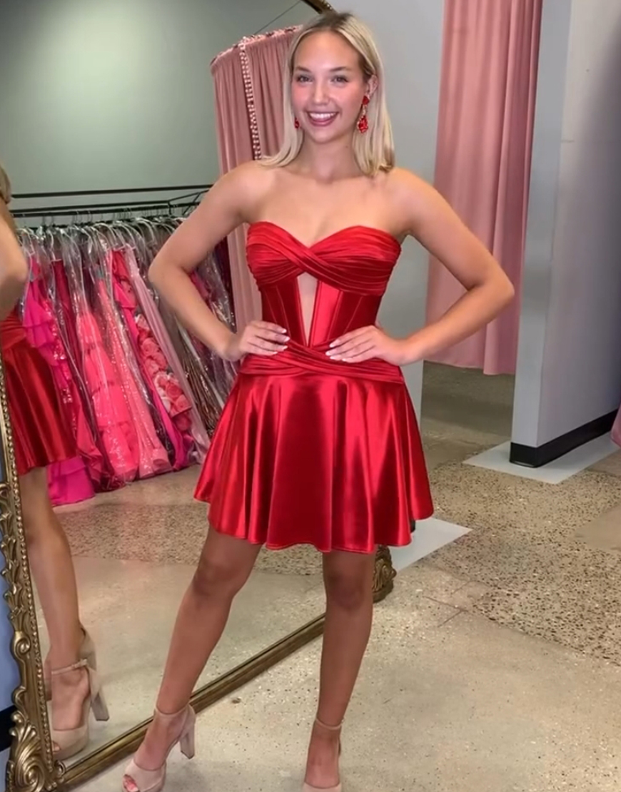 Black A-Line Strapless Satin Keyhole Homecoming Dress 