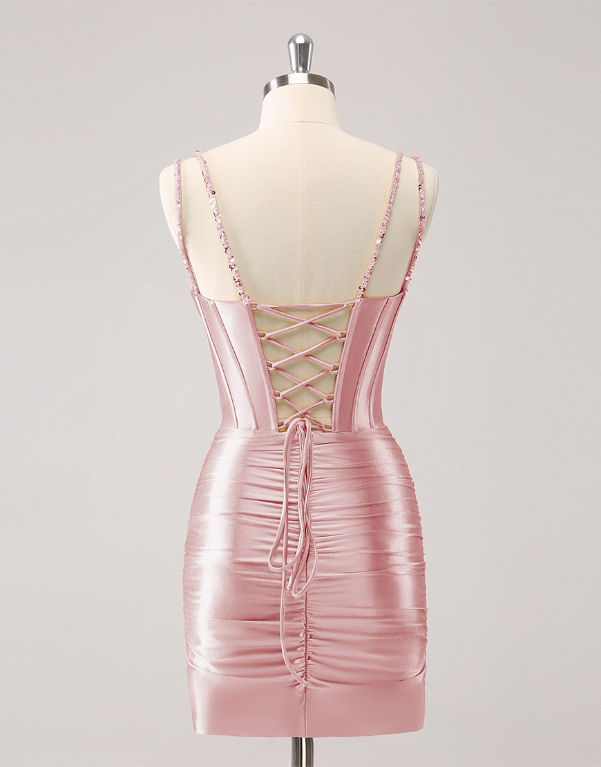 Glitter Golden Tight Beaed Satin Corset Homecoming Dress 