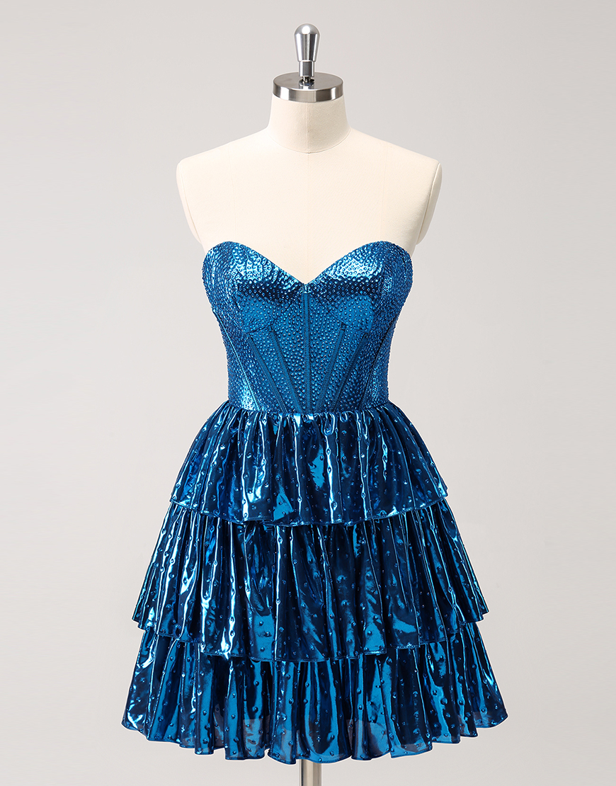 Sparkly Peacock Blue A-Line Beaded Strapless Tiered Homecoming Dress