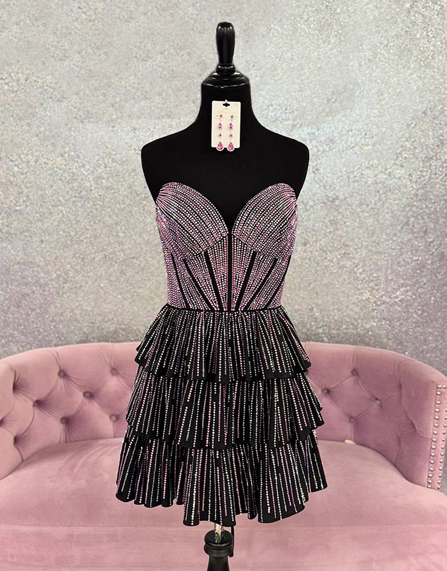Glitter Black Pink Beaded A-Line Strapless Tiered Homecoming Dress 