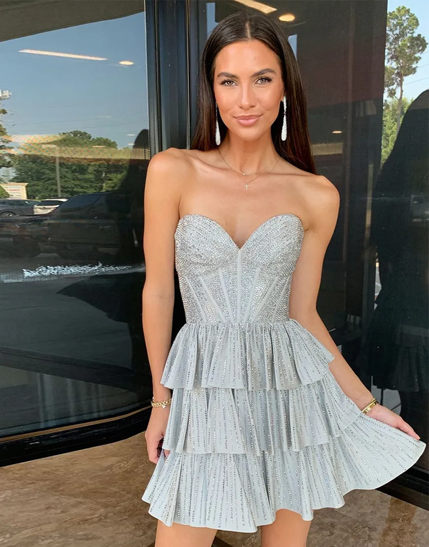 Glitter Black Pink Beaded A-Line Strapless Tiered Homecoming Dress 