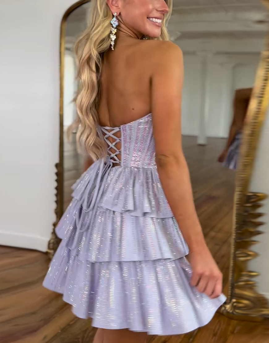 Glitter Black Pink Beaded A-Line Strapless Tiered Homecoming Dress 