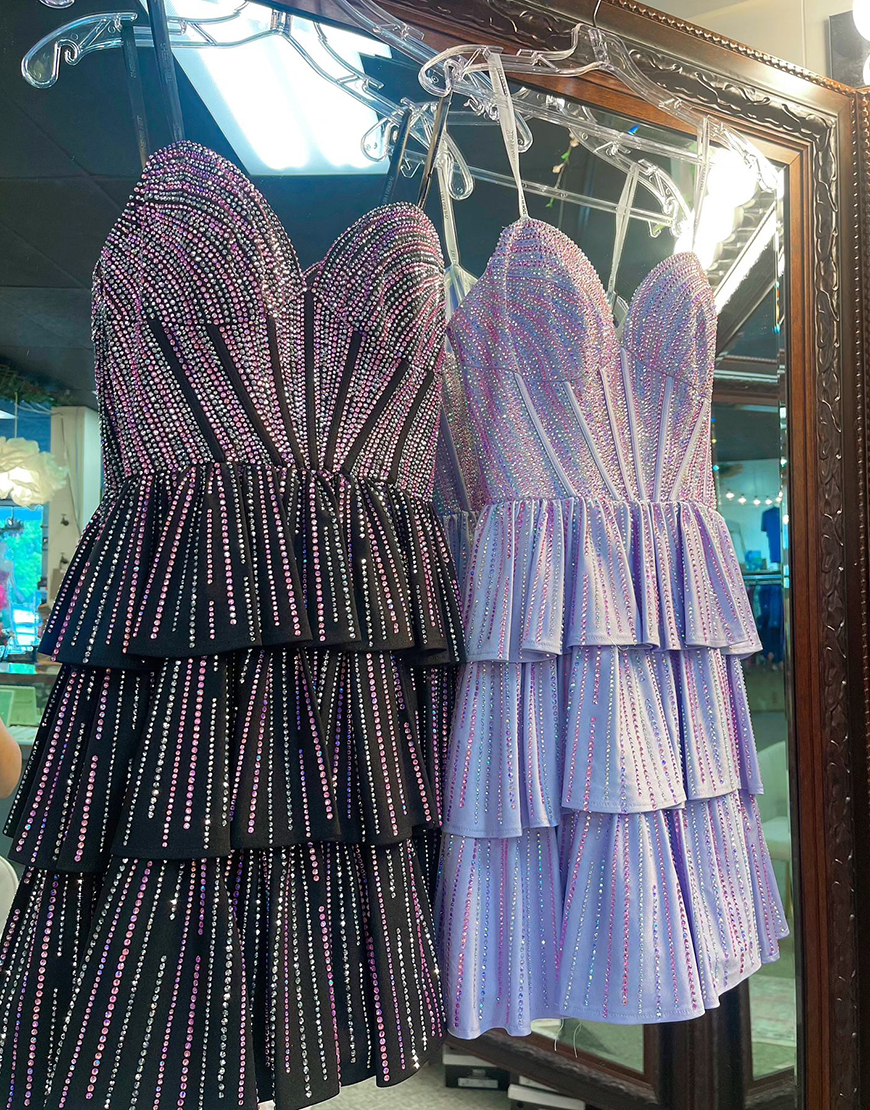 Glitter Black Pink Beaded A-Line Strapless Tiered Homecoming Dress 