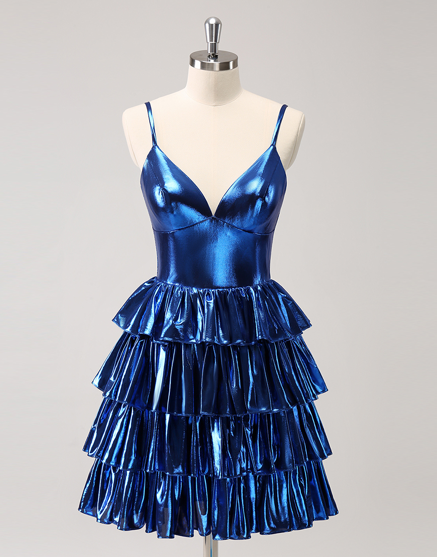 Metallic Ink Blue A-Line Tiered Satin Homecoming Dress