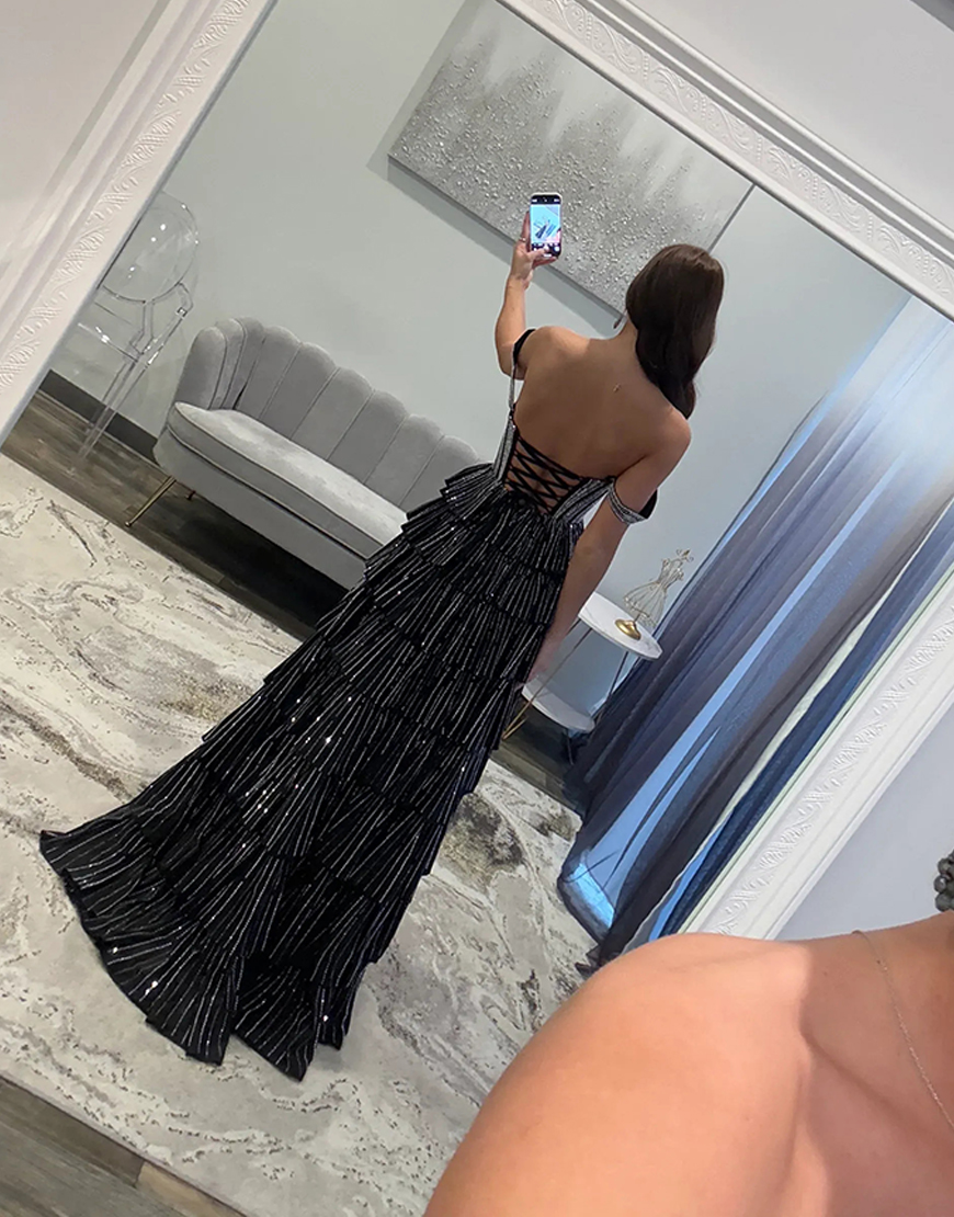 Sparkly Black Silver A-Line Off the Shoulder Corset Beaded Tiered Long Prom Dress with Slit