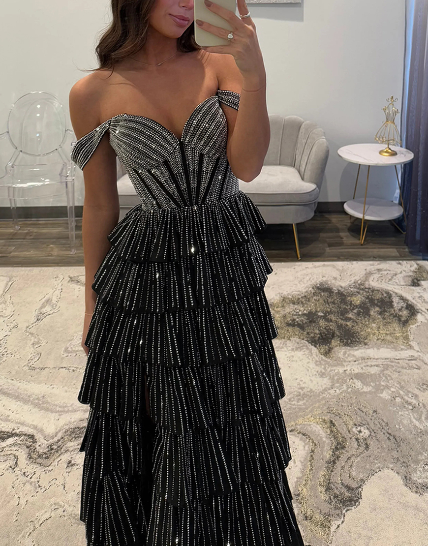 Sparkly Black Silver A-Line Off the Shoulder Corset Beaded Tiered Long Prom Dress with Slit