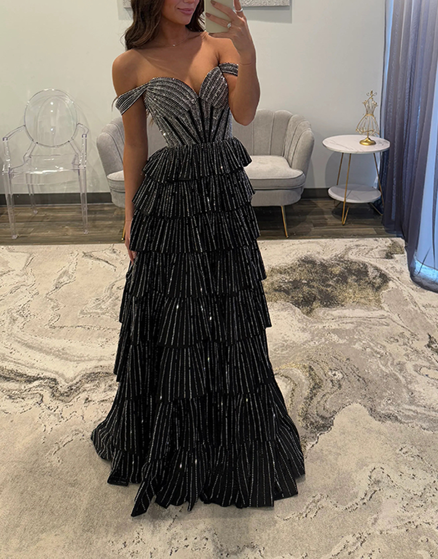 Sparkly Black Silver A-Line Off the Shoulder Corset Beaded Tiered Long Prom Dress with Slit