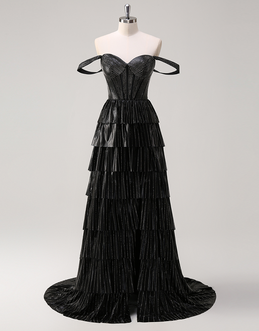 Sparkly Black Silver A-Line Off the Shoulder Corset Beaded Tiered Long Prom Dress with Slit