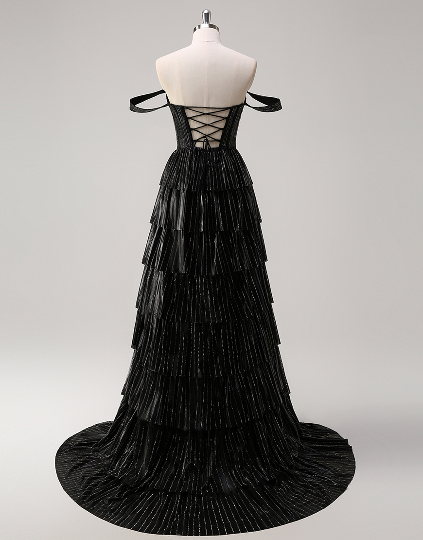Sparkly Black Silver A-Line Off the Shoulder Corset Beaded Tiered Long Prom Dress with Slit