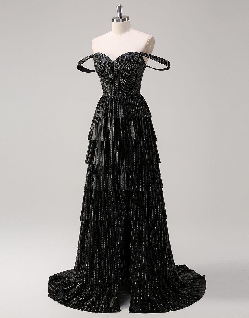 Sparkly Black Silver A-Line Off the Shoulder Corset Beaded Tiered Long Prom Dress with Slit
