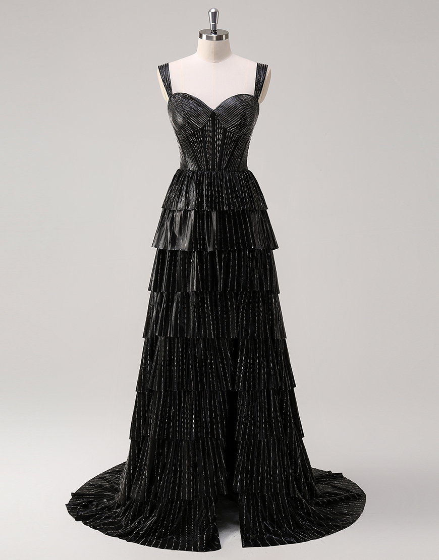 Sparkly Black Silver A-Line Off the Shoulder Corset Beaded Tiered Long Prom Dress with Slit