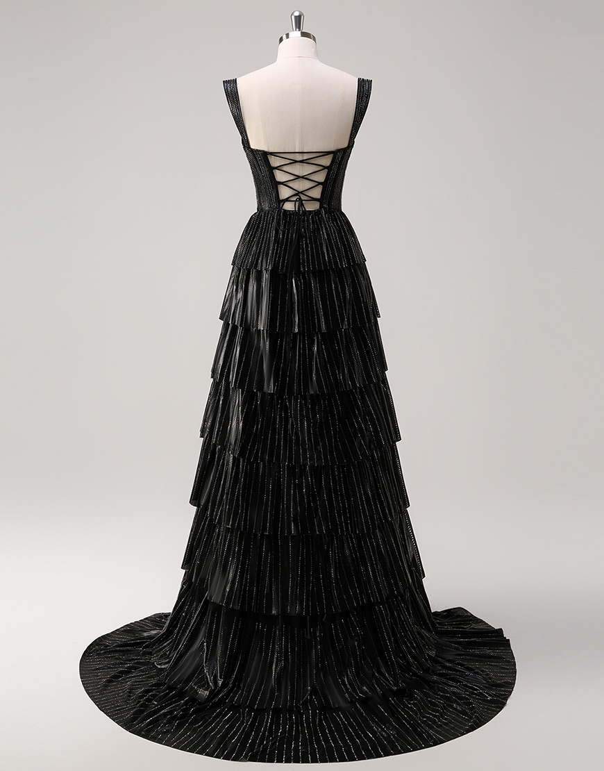 Sparkly Black Silver A-Line Off the Shoulder Corset Beaded Tiered Long Prom Dress with Slit