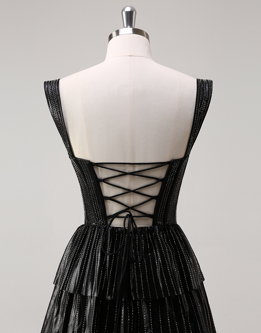 Sparkly Black Silver A-Line Off the Shoulder Corset Beaded Tiered Long Prom Dress with Slit