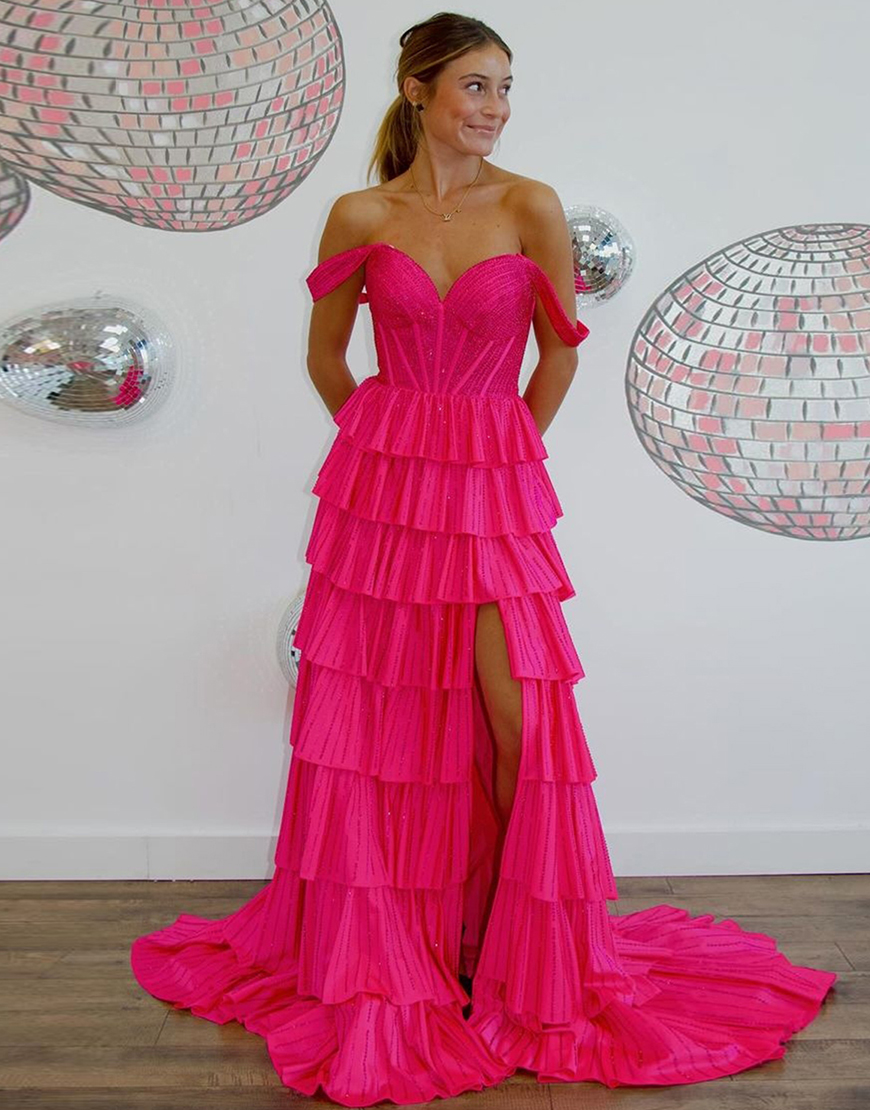 Sparkly Black Silver A-Line Off the Shoulder Corset Beaded Tiered Long Prom Dress with Slit