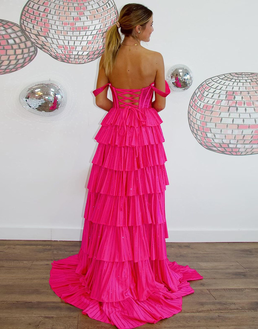 Sparkly Black Silver A-Line Off the Shoulder Corset Beaded Tiered Long Prom Dress with Slit