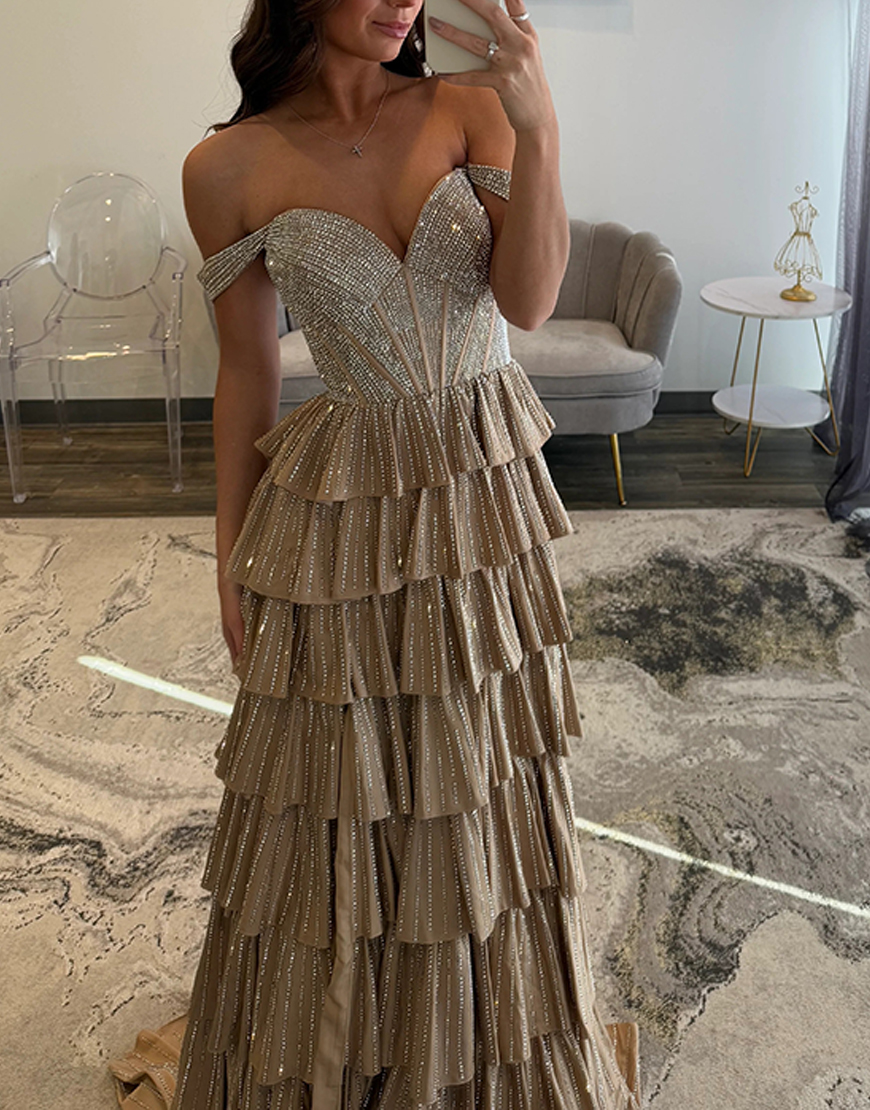 Sparkly Black Silver A-Line Off the Shoulder Corset Beaded Tiered Long Prom Dress with Slit