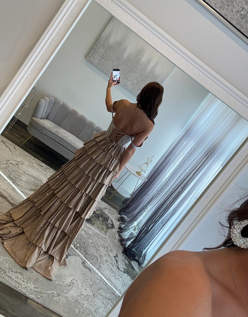 Sparkly Black Silver A-Line Off the Shoulder Corset Beaded Tiered Long Prom Dress with Slit