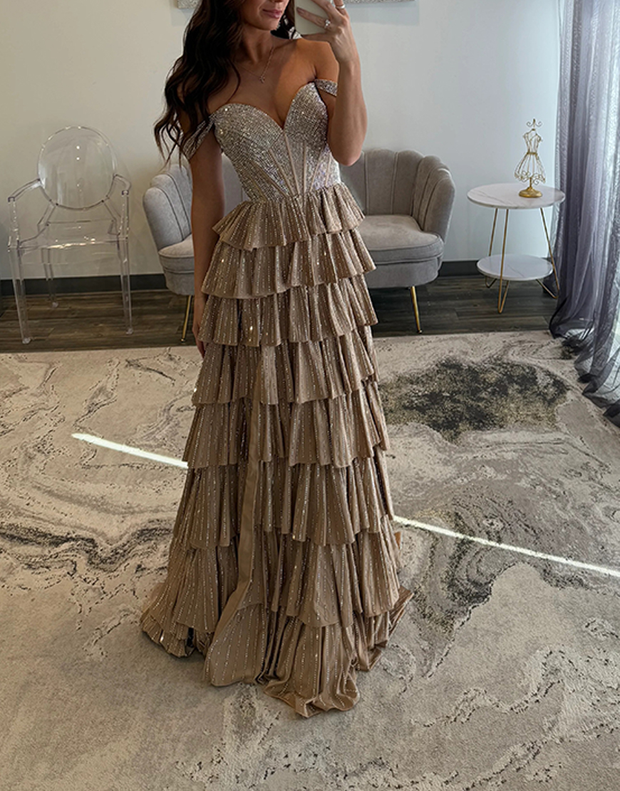 Sparkly Black Silver A-Line Off the Shoulder Corset Beaded Tiered Long Prom Dress with Slit