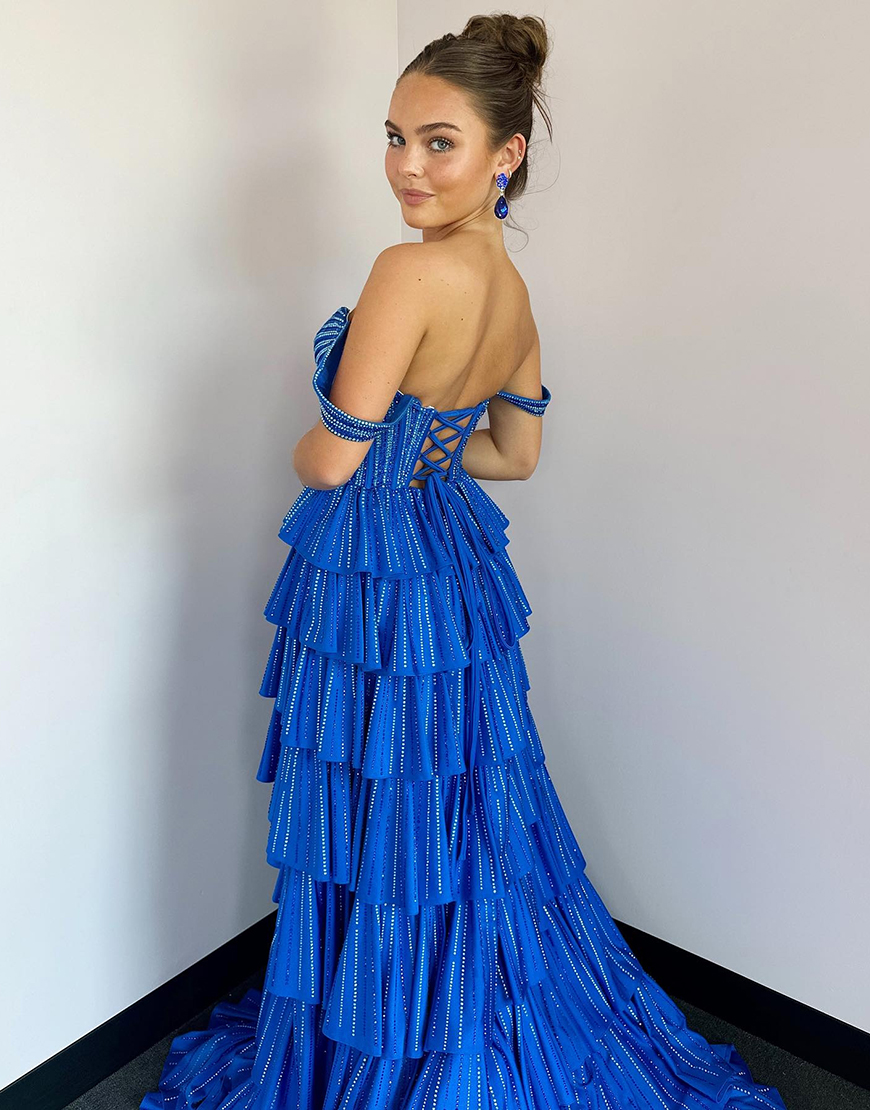 Sparkly Royal Blue A-Line Off the Shoulder Corset Beaded Tiered Long Prom Dress with Slit